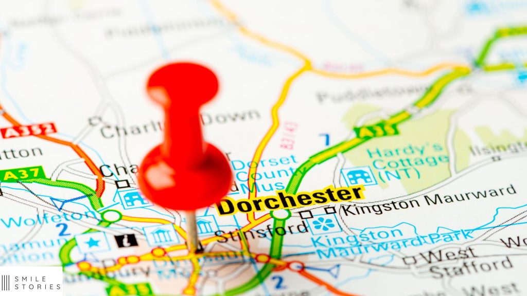 segment of a map with a pin in it next to Dorchester, UK
