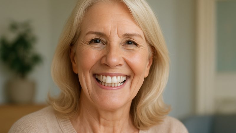 Blonde older female smiling after all on 4 implants