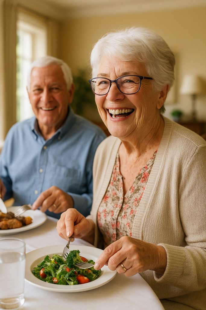 senior female eating with denture implants