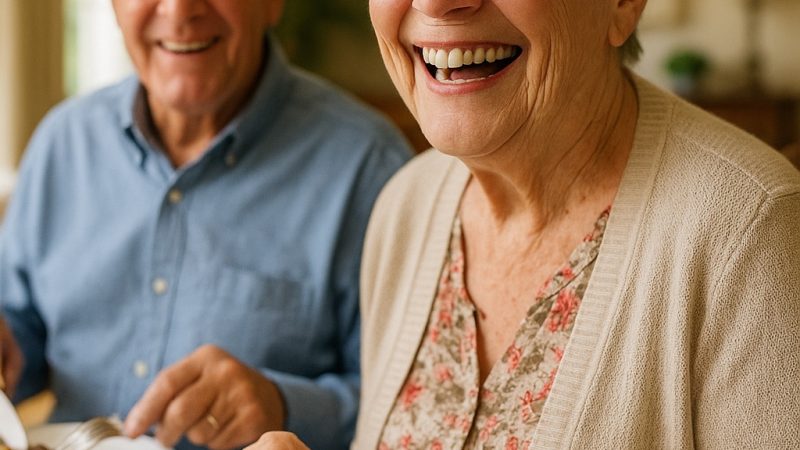 senior female eating with denture implants